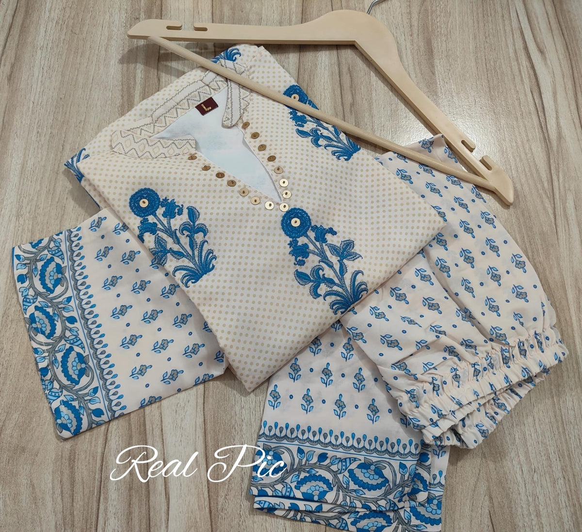 Ivory Blue Crepe Co-ord Set with Inner & Mughal Floral Buta Print
