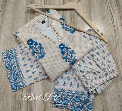 Ivory Blue Crepe Co-ord Set with Inner & Mughal Floral Buta Print