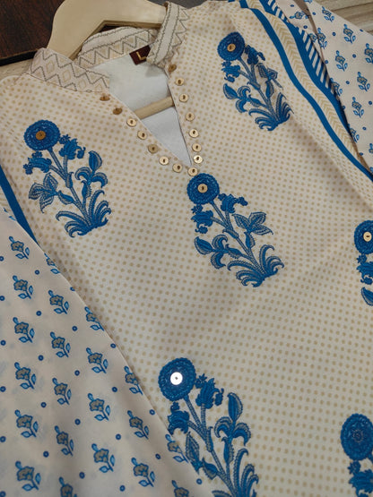 Ivory Blue Crepe Co-ord Set with Inner & Mughal Floral Buta Print