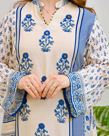 Ivory Blue Crepe Co-ord Set with Inner & Mughal Floral Buta Print