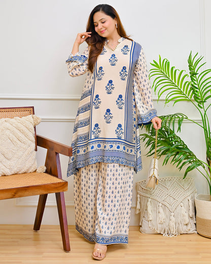 Ivory Blue Crepe Co-ord Set with Inner & Mughal Floral Buta Print