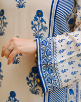 Ivory Blue Crepe Co-ord Set with Inner & Mughal Floral Buta Print