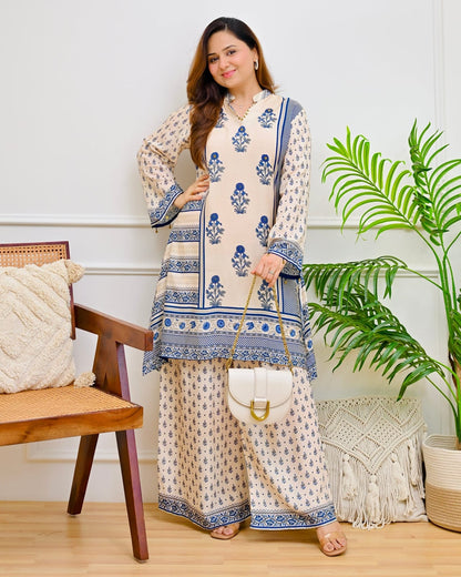 Ivory Blue Crepe Co-ord Set with Inner & Mughal Floral Buta Print