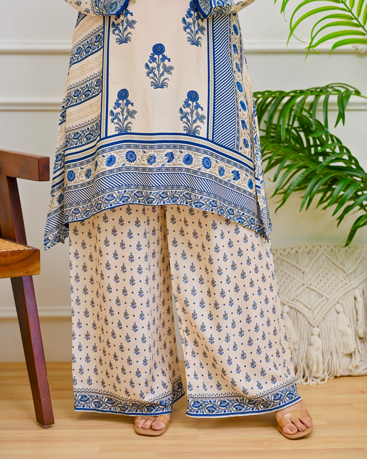 Ivory Blue Crepe Co-ord Set with Inner & Mughal Floral Buta Print