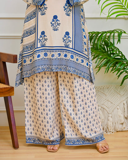 Ivory Blue Crepe Co-ord Set with Inner & Mughal Floral Buta Print