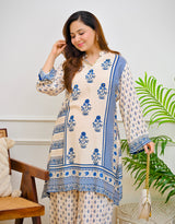 Ivory Blue Crepe Co-ord Set with Inner & Mughal Floral Buta Print