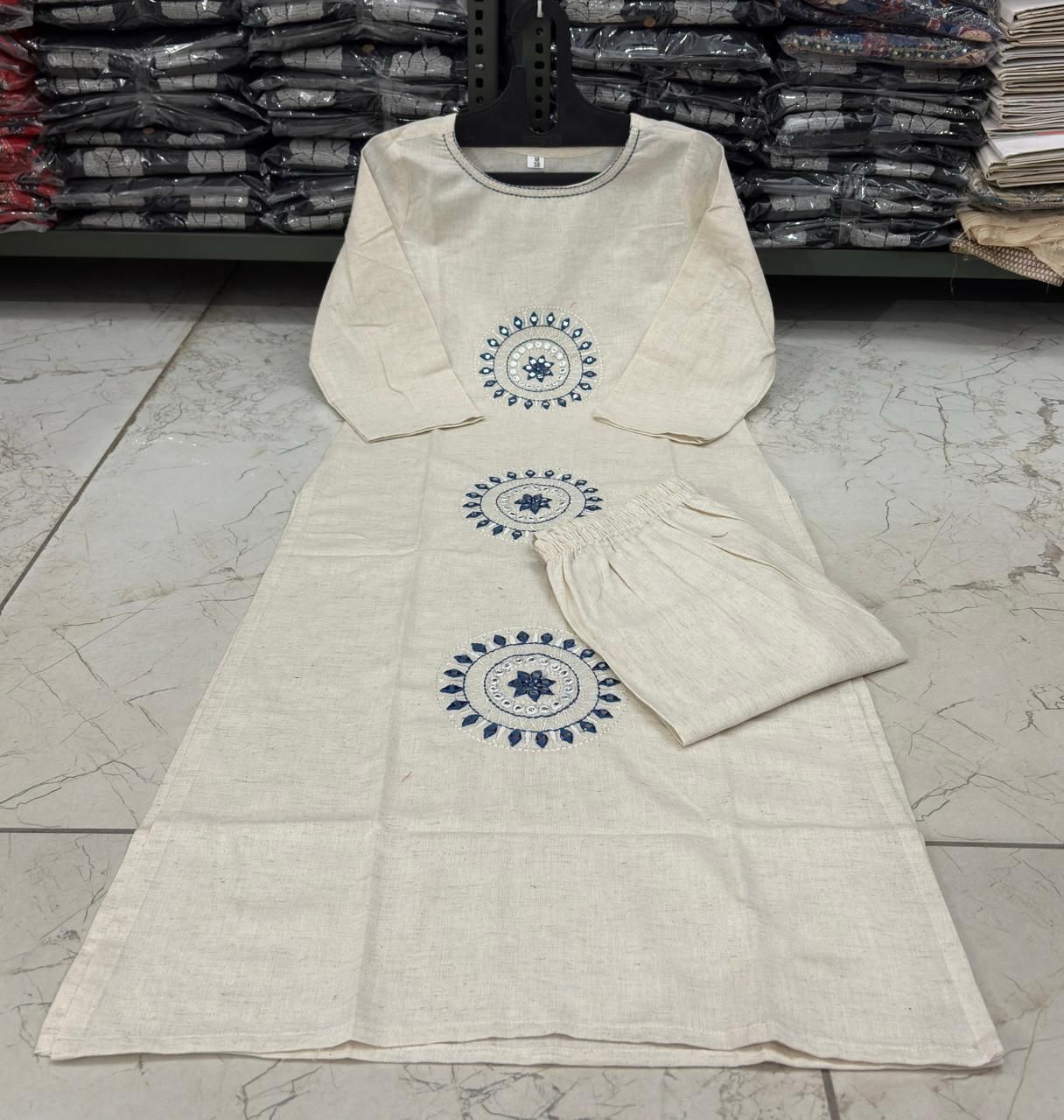 Ivory Cotton Flex Kurta Set with Blue Embroidered Motifs