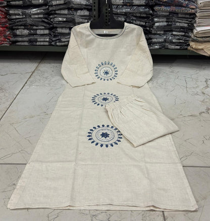 Ivory Cotton Flex Kurta Set with Blue Embroidered Motifs