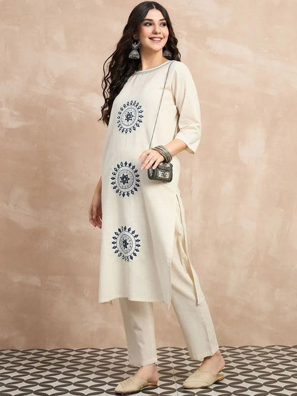 Ivory Cotton Flex Kurta Set with Blue Embroidered Motifs