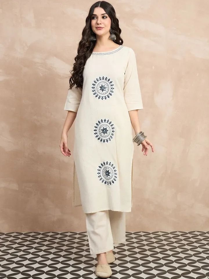 Ivory Cotton Flex Kurta Set with Blue Embroidered Motifs