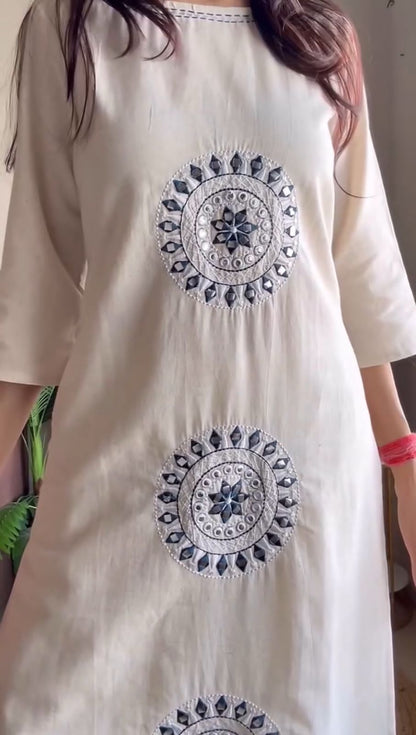 Ivory Cotton Flex Kurta Set with Blue Embroidered Motifs
