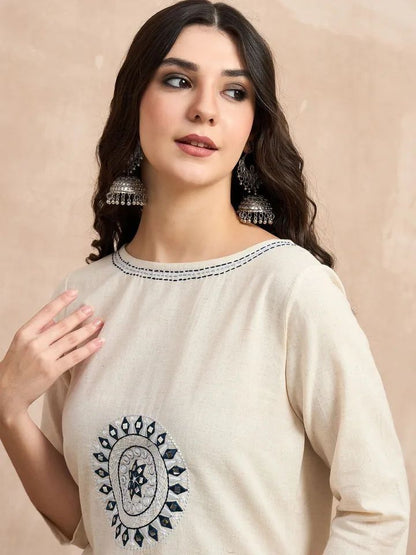 Ivory Cotton Flex Kurta Set with Blue Embroidered Motifs