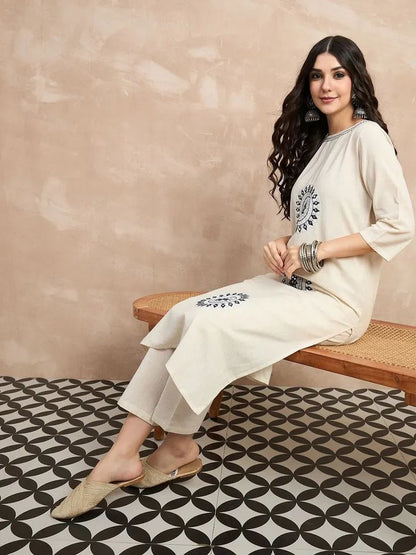 Ivory Cotton Flex Kurta Set with Blue Embroidered Motifs