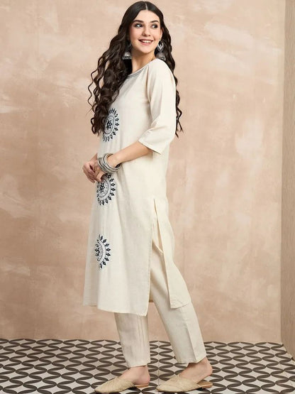 Ivory Cotton Flex Kurta Set with Blue Embroidered Motifs