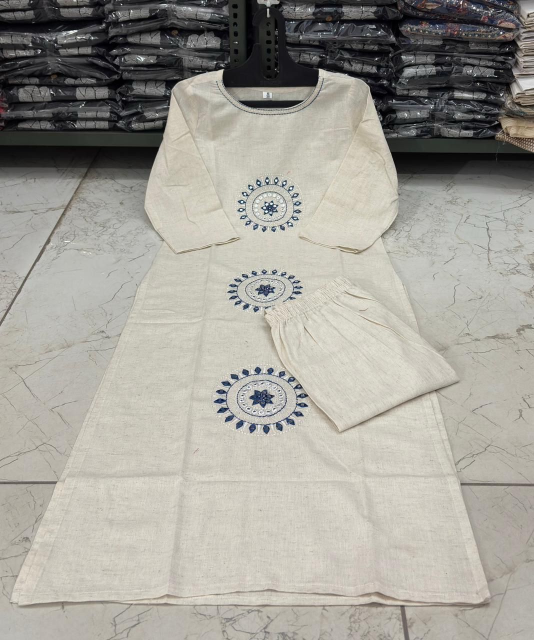 Ivory Cotton Flex Kurta Set with Blue Embroidered Motifs