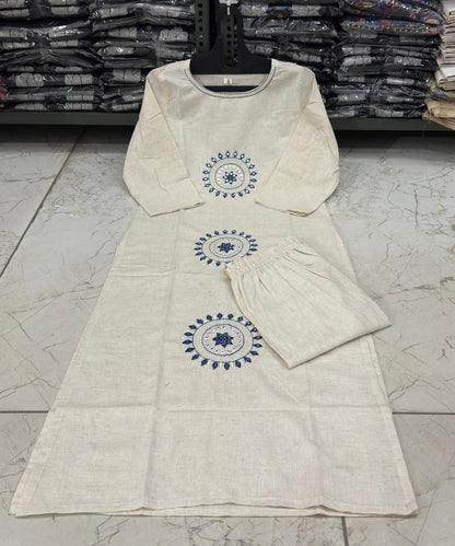 Ivory Cotton Flex Kurta Set with Blue Embroidered Motifs