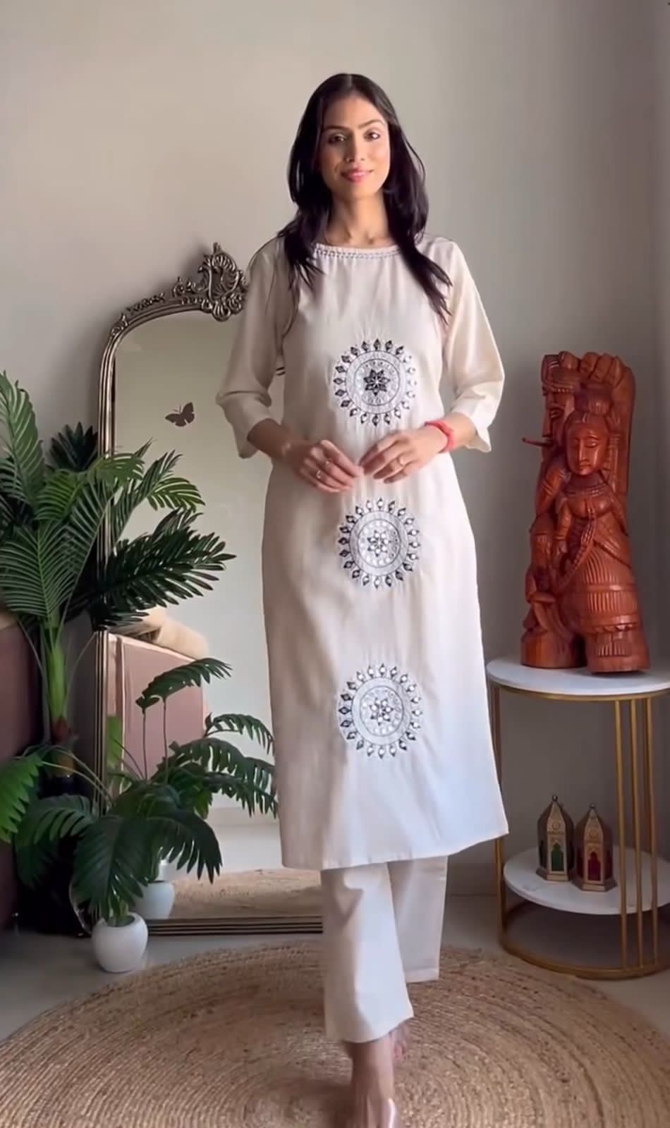 Ivory Cotton Flex Kurta Set with Blue Embroidered Motifs