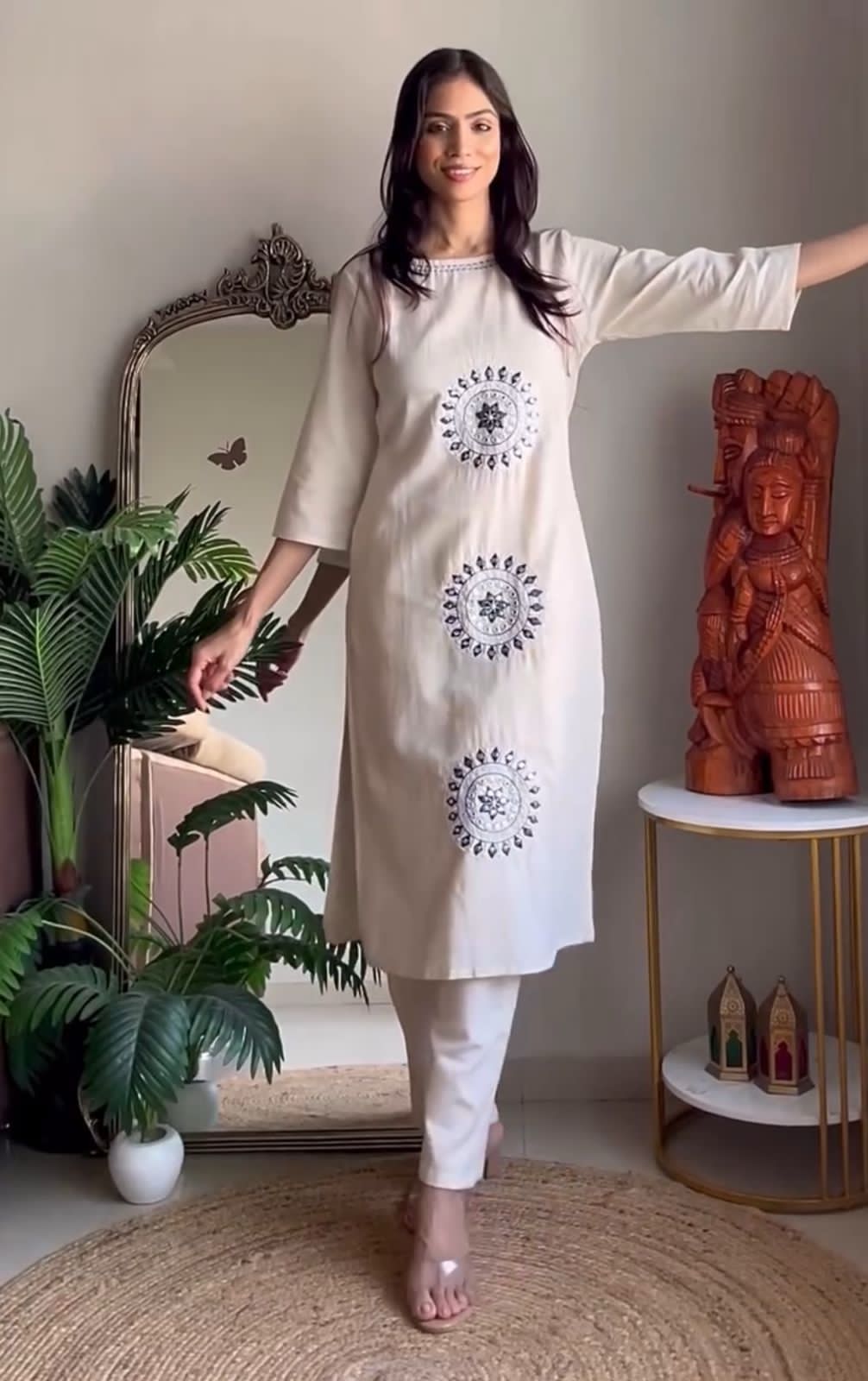 Ivory Cotton Flex Kurta Set with Blue Embroidered Motifs