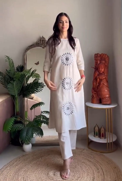 Ivory Cotton Flex Kurta Set with Blue Embroidered Motifs