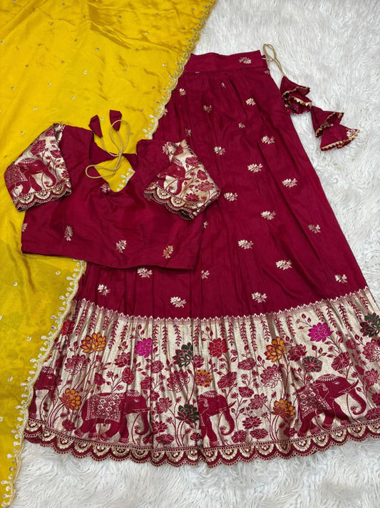 Jacquard Border Cutwork Full-Stitched Lehenga Choli with Dupatta