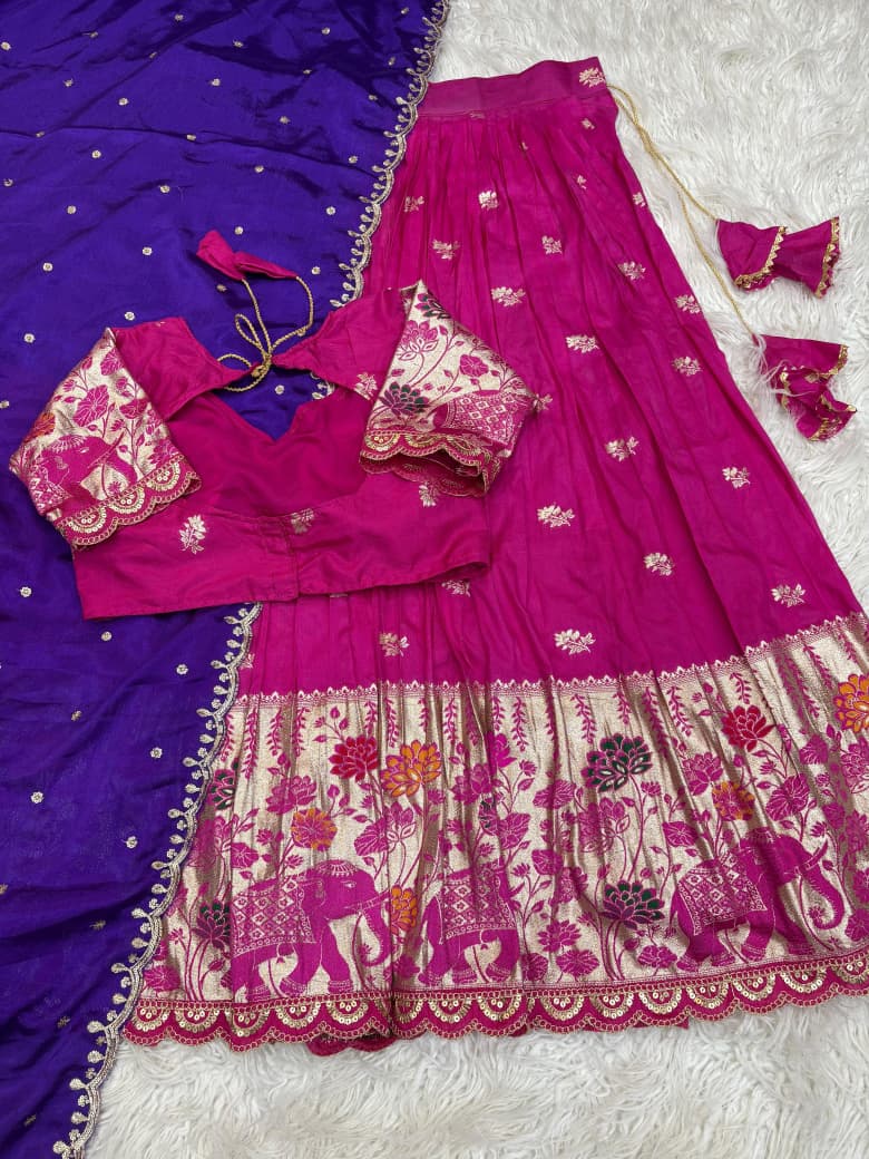 Jacquard Border Cutwork Full-Stitched Lehenga Choli with Dupatta