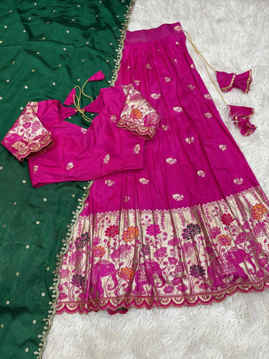 Jacquard Border Cutwork Full-Stitched Lehenga Choli with Dupatta