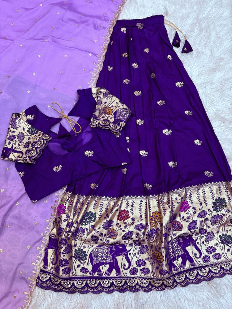 Jacquard Border Cutwork Full-Stitched Lehenga Choli with Dupatta