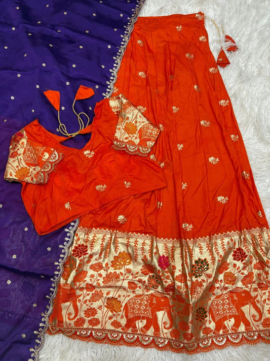 Jacquard Border Cutwork Full-Stitched Lehenga Choli with Dupatta