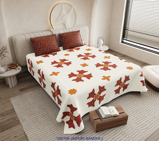 Jaipuri Bandhej Cotton Autoloom King Size Bedsheet with 2 Pillow Covers