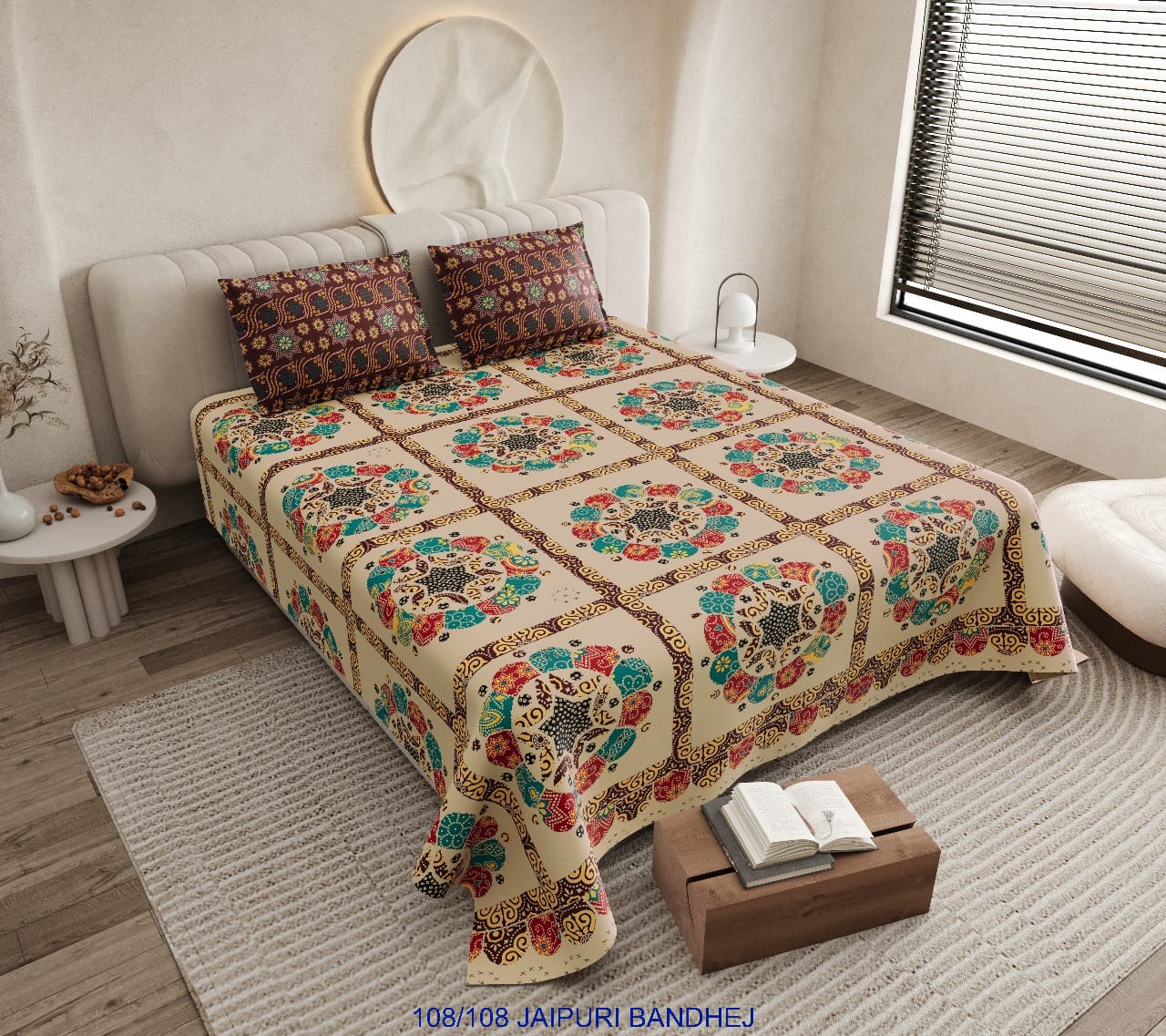 Jaipuri Bandhej Cotton Autoloom King Size Bedsheet with 2 Pillow Covers