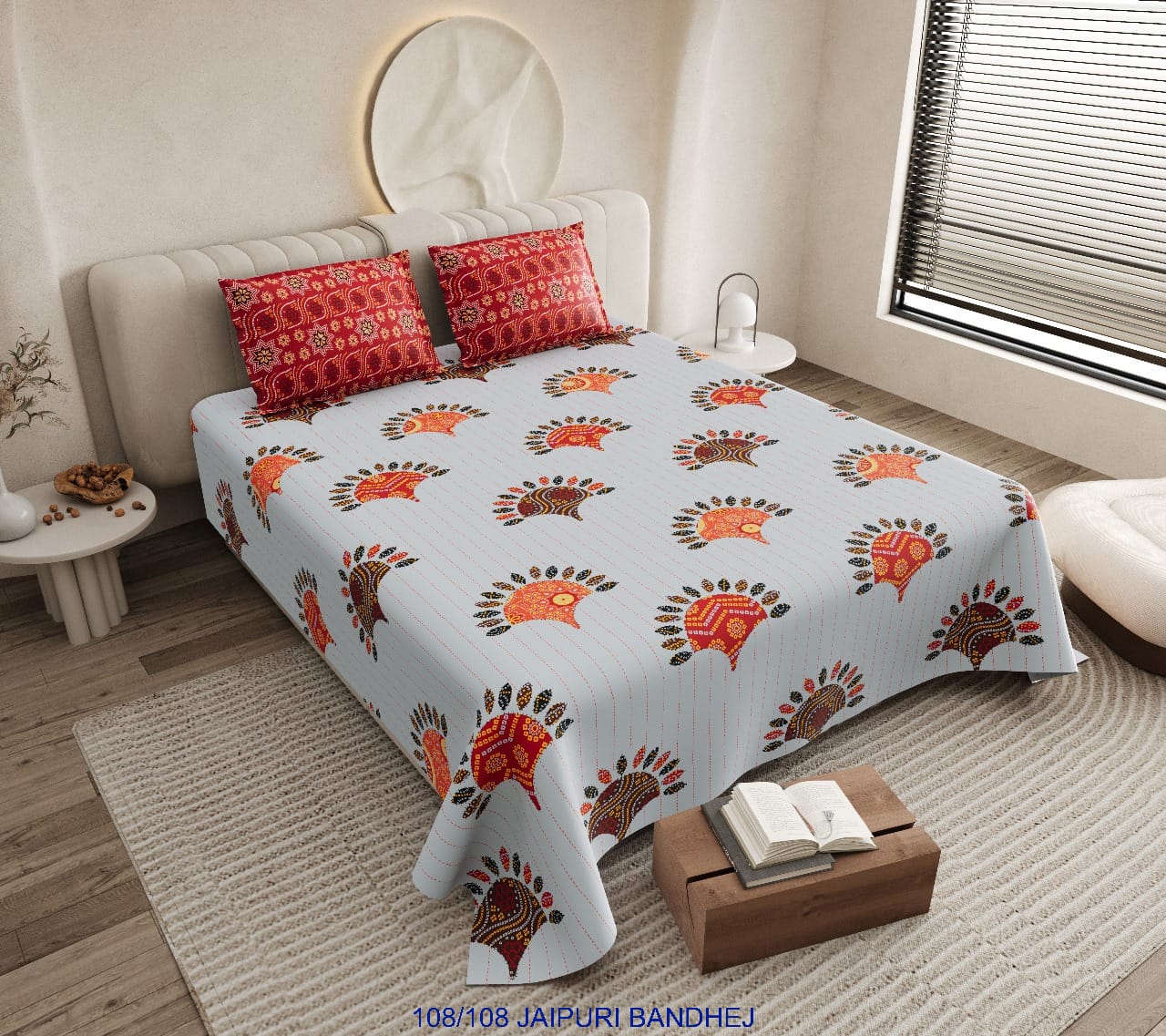 Jaipuri Bandhej Cotton Autoloom King Size Bedsheet with 2 Pillow Covers