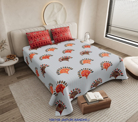 Jaipuri Bandhej Cotton Autoloom King Size Bedsheet with 2 Pillow Covers
