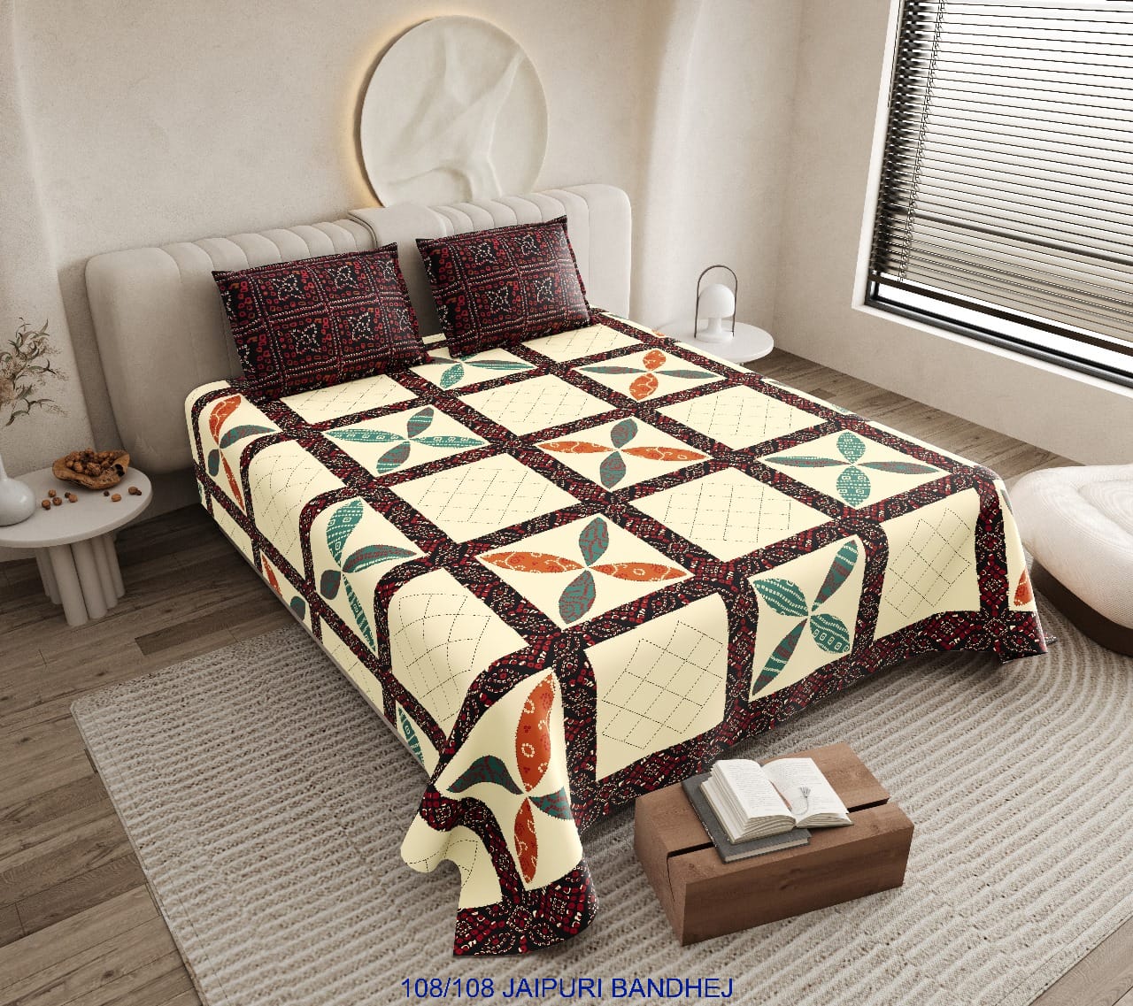Jaipuri Bandhej Cotton Autoloom King Size Bedsheet with 2 Pillow Covers