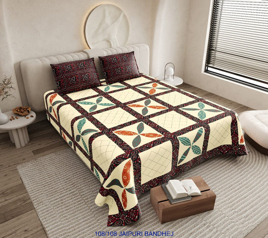 Jaipuri Bandhej Cotton Autoloom King Size Bedsheet with 2 Pillow Covers
