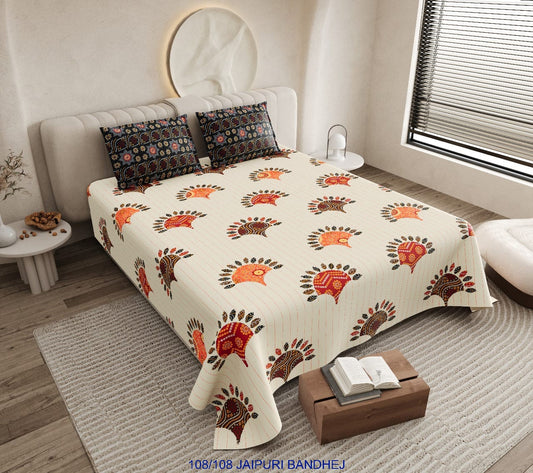 Jaipuri Bandhej Cotton Autoloom King Size Bedsheet with 2 Pillow Covers