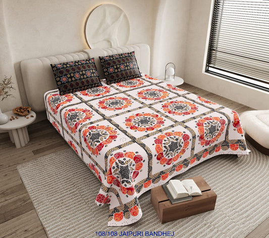 Jaipuri Bandhej Cotton Autoloom King Size Bedsheet with 2 Pillow Covers
