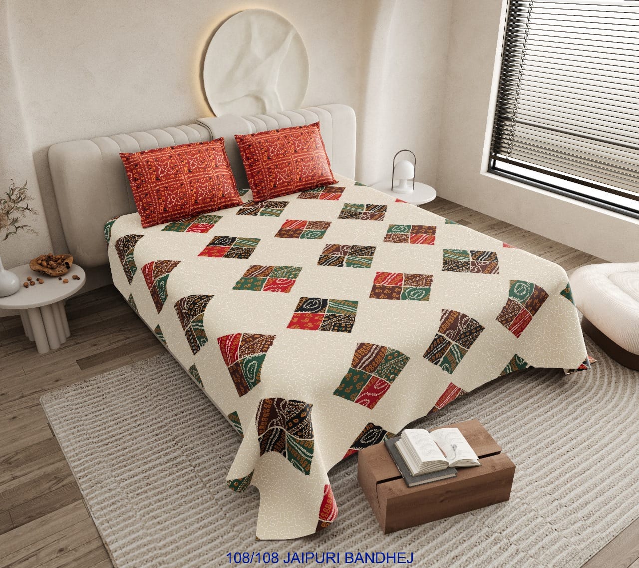Jaipuri Bandhej Cotton Autoloom King Size Bedsheet with 2 Pillow Covers