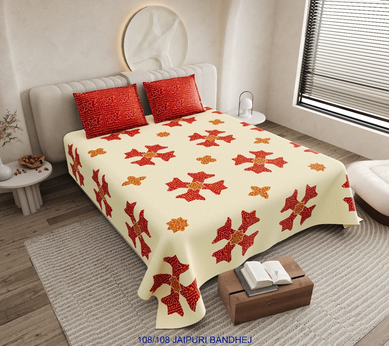 Jaipuri Bandhej Cotton Autoloom King Size Bedsheet with 2 Pillow Covers