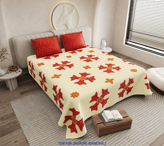 Jaipuri Bandhej Cotton Autoloom King Size Bedsheet with 2 Pillow Covers