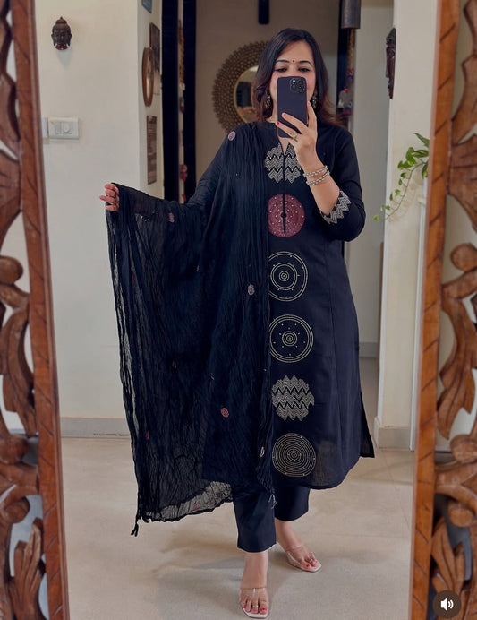 Jaipuri Cotton A-Line Suit Set with Embroidery & Sequins Work