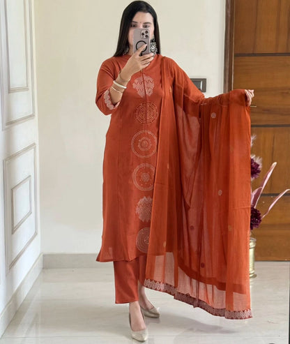 Jaipuri Cotton A-Line Suit Set with Embroidery & Sequins Work