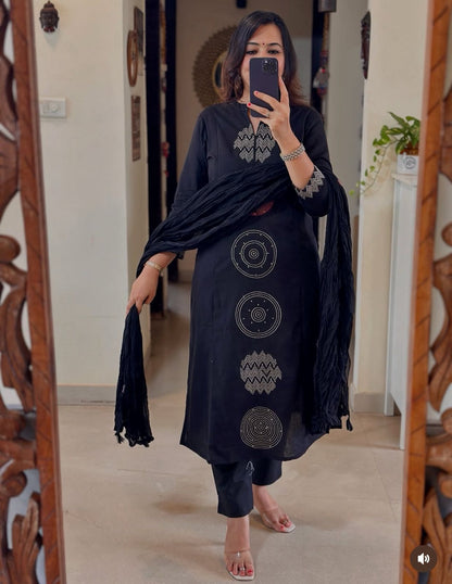 Jaipuri Cotton A-Line Suit Set with Embroidery & Sequins Work