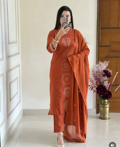 Jaipuri Cotton A-Line Suit Set with Embroidery & Sequins Work