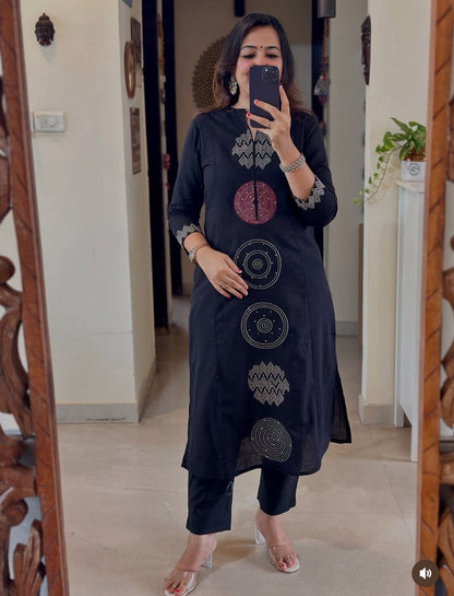 Jaipuri Cotton A-Line Suit Set with Embroidery & Sequins Work