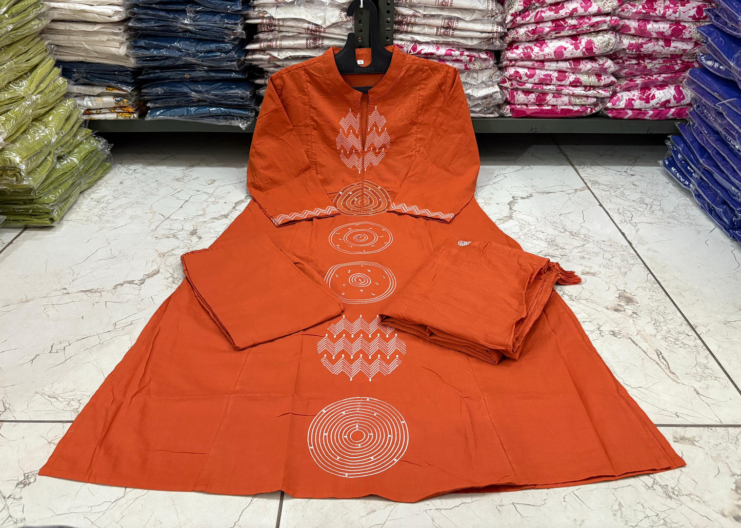 Jaipuri Cotton A-Line Suit Set with Embroidery & Sequins Work