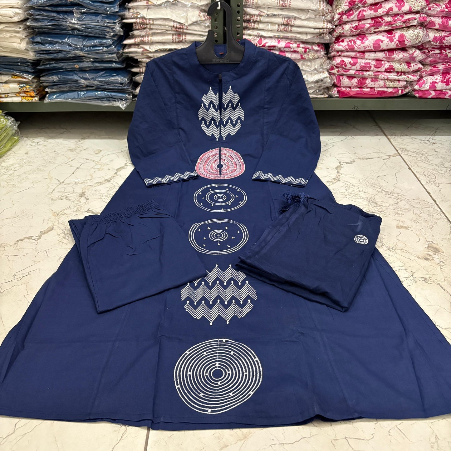 Jaipuri Cotton A-Line Suit Set with Embroidery & Sequins Work