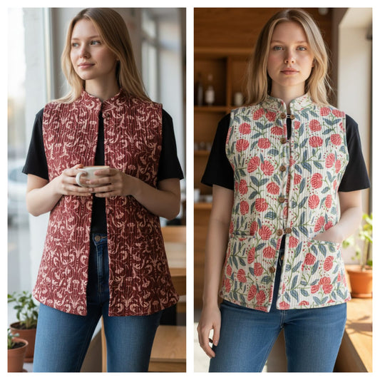 Jaipuri Cotton Quilted Reversible Jacket with Pockets