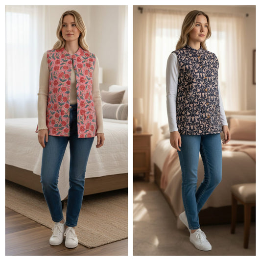 Jaipuri Cotton Quilted Reversible Jacket with Pockets