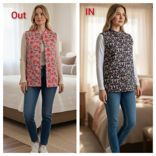 Jaipuri Cotton Quilted Reversible Jacket with Pockets