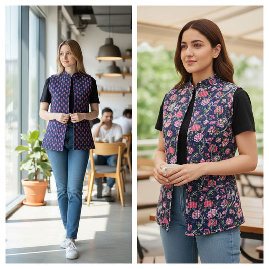 Jaipuri Cotton Quilted Reversible Jacket with Pockets